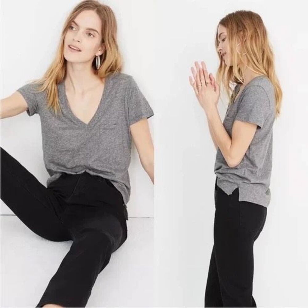 MADEWELL Women’s Heather Gray Short Sleeve Whisper Cotton V-Neck Tee Shirt Top S